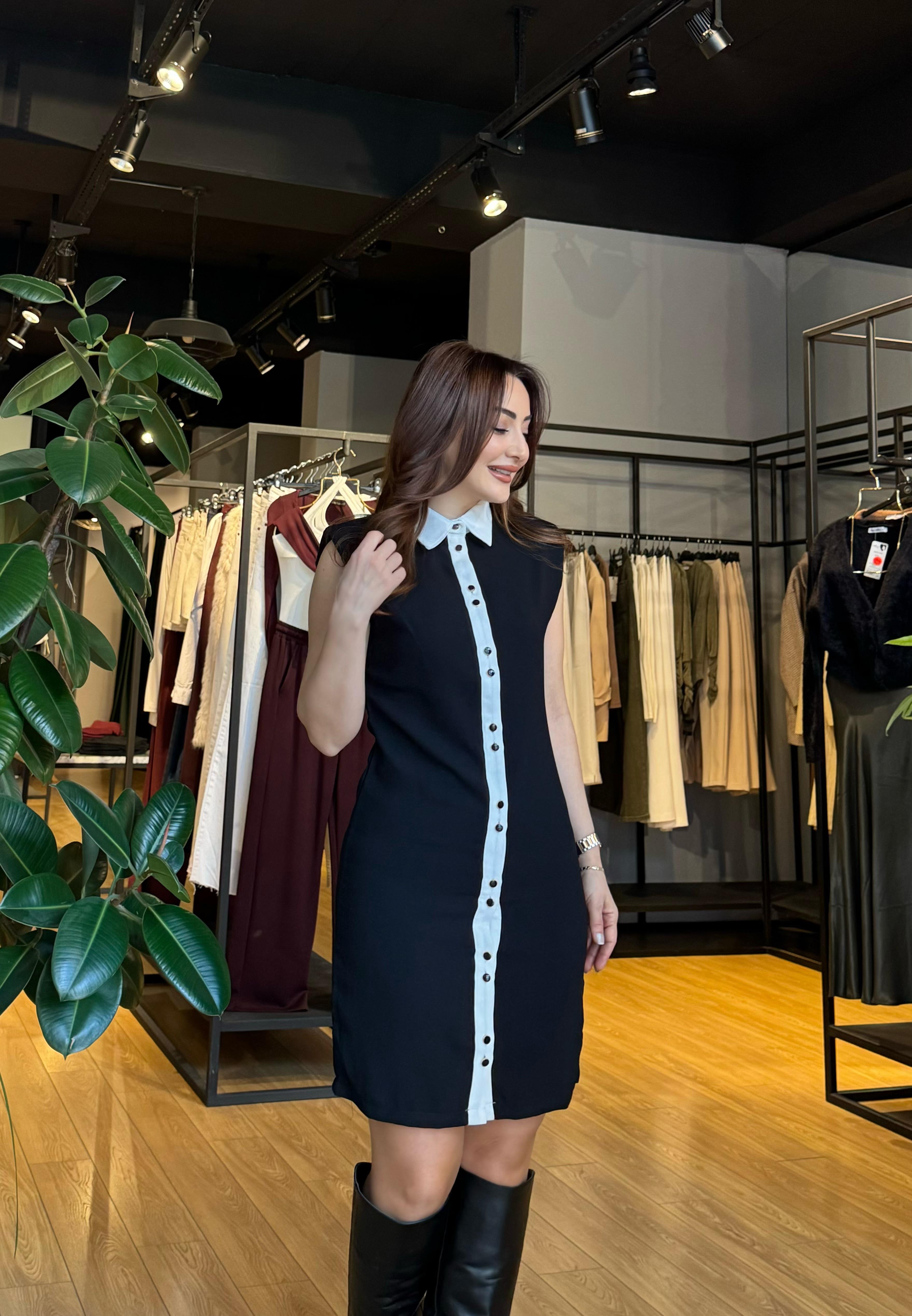 Yakalı Düğme Detay Elbise Siyah