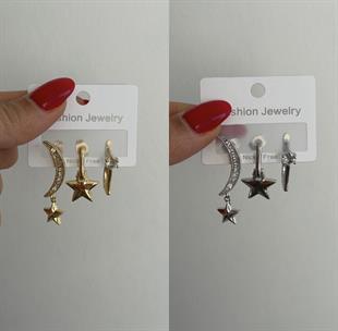 3'lü Zirkon Ay Yıldız Küpe Silver