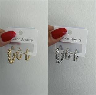 3lü Zirkon Beşgen Küpe Silver