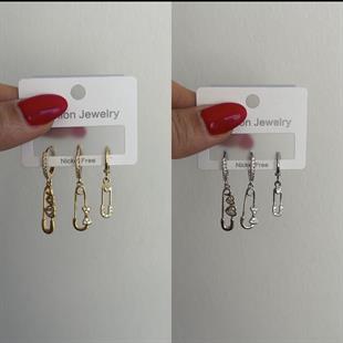 3'lü Zirkon fiyonk Küpe Gold