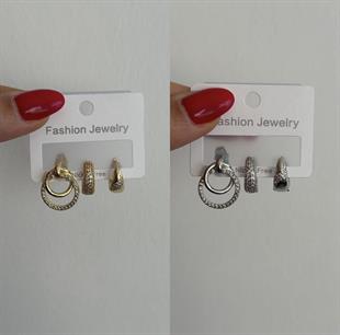 3lü Zirkon Mini Halka Küpe Gold