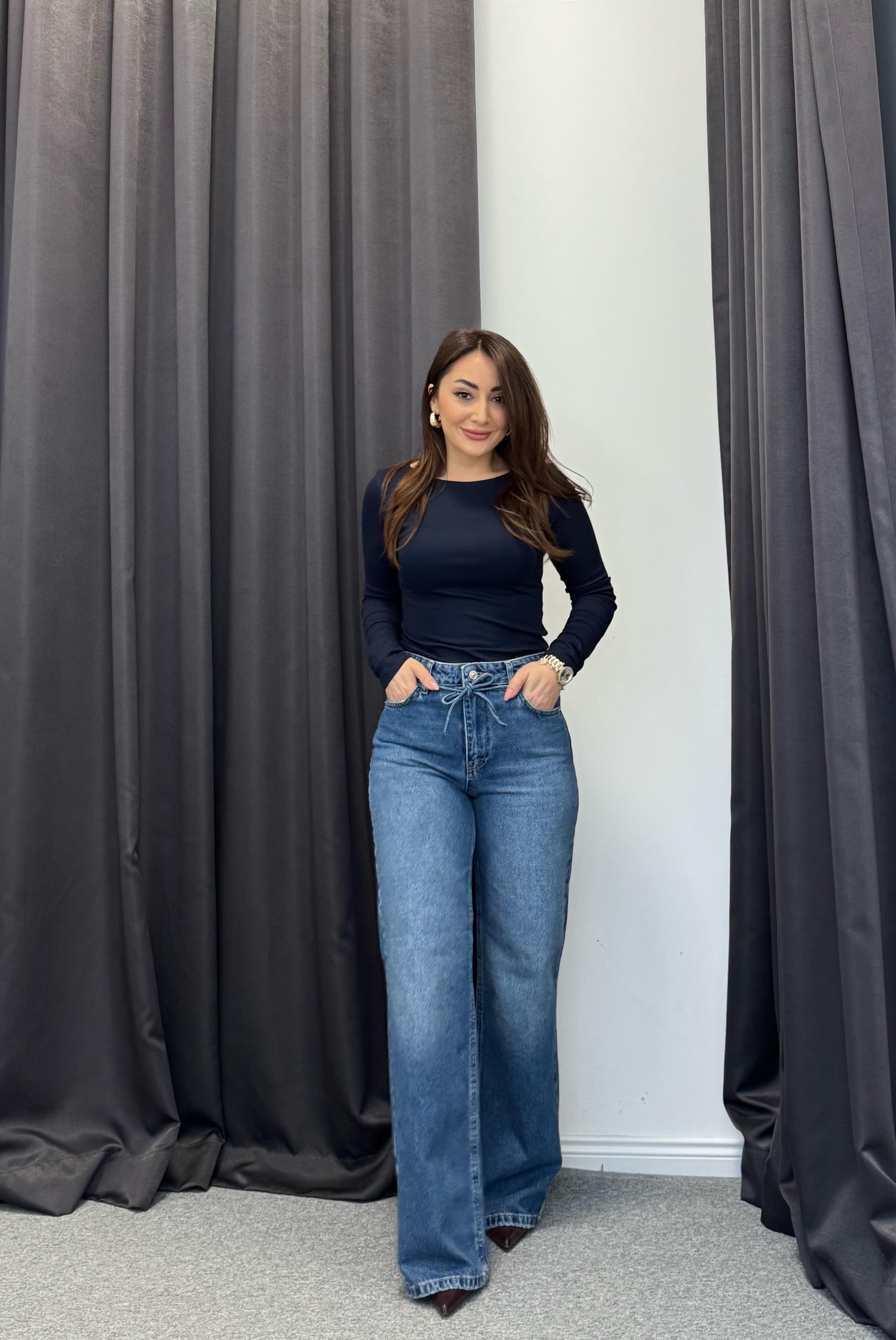 Beli İp Kemerli Jean Mavi