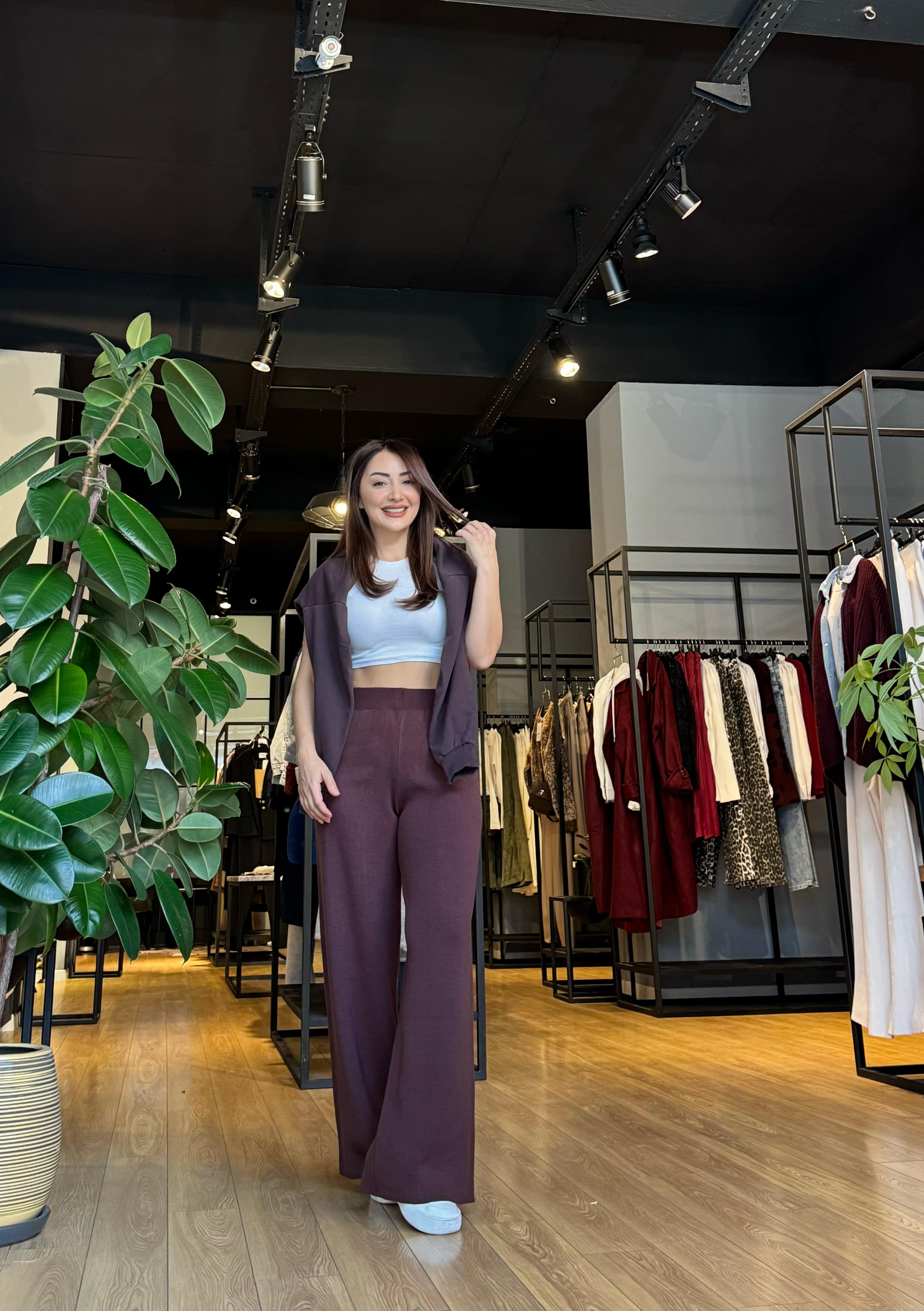 Beli Lastikli Triko Pantolon Bordo