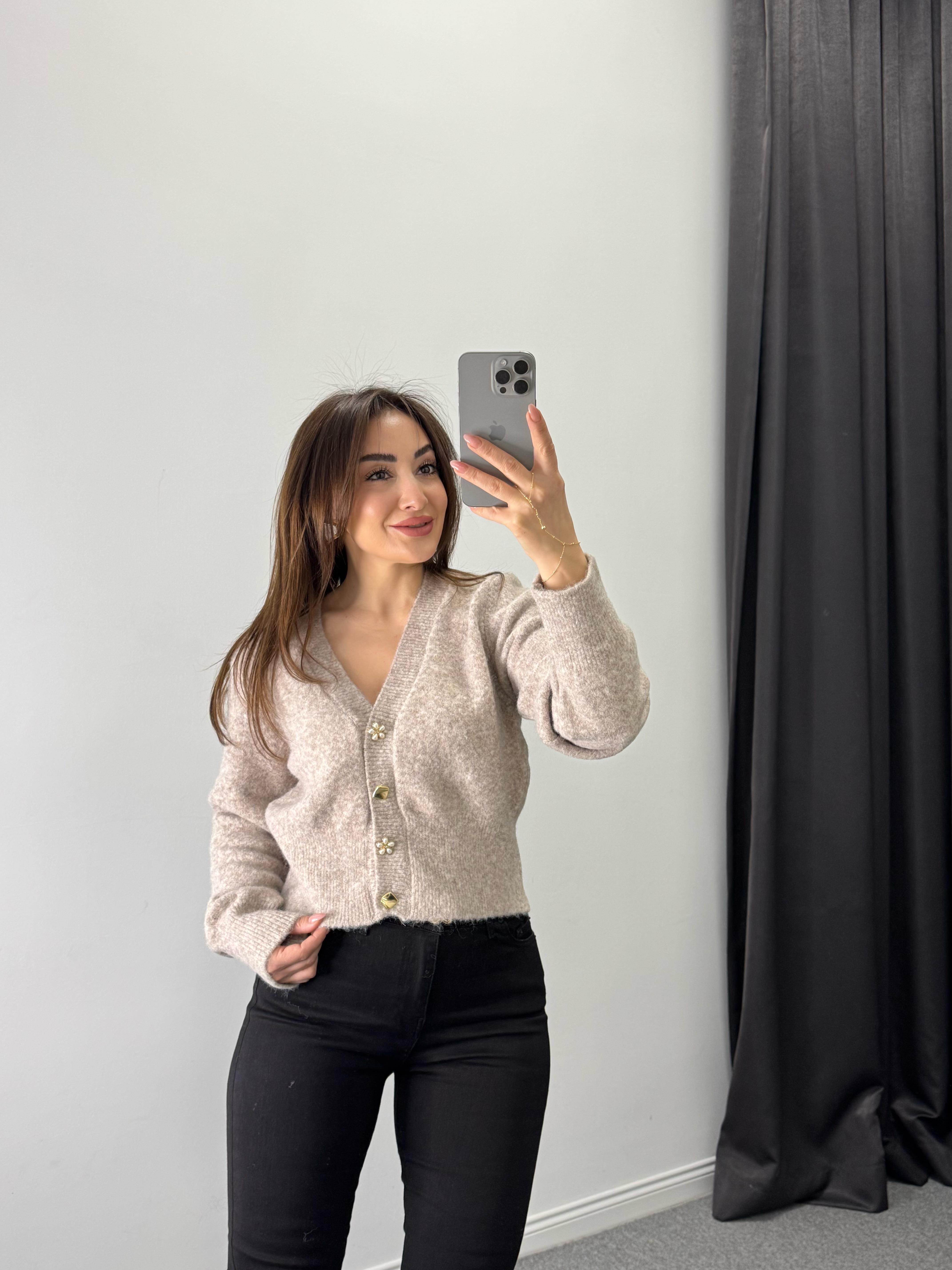 Düğme Detay Hırka Açık Kahve