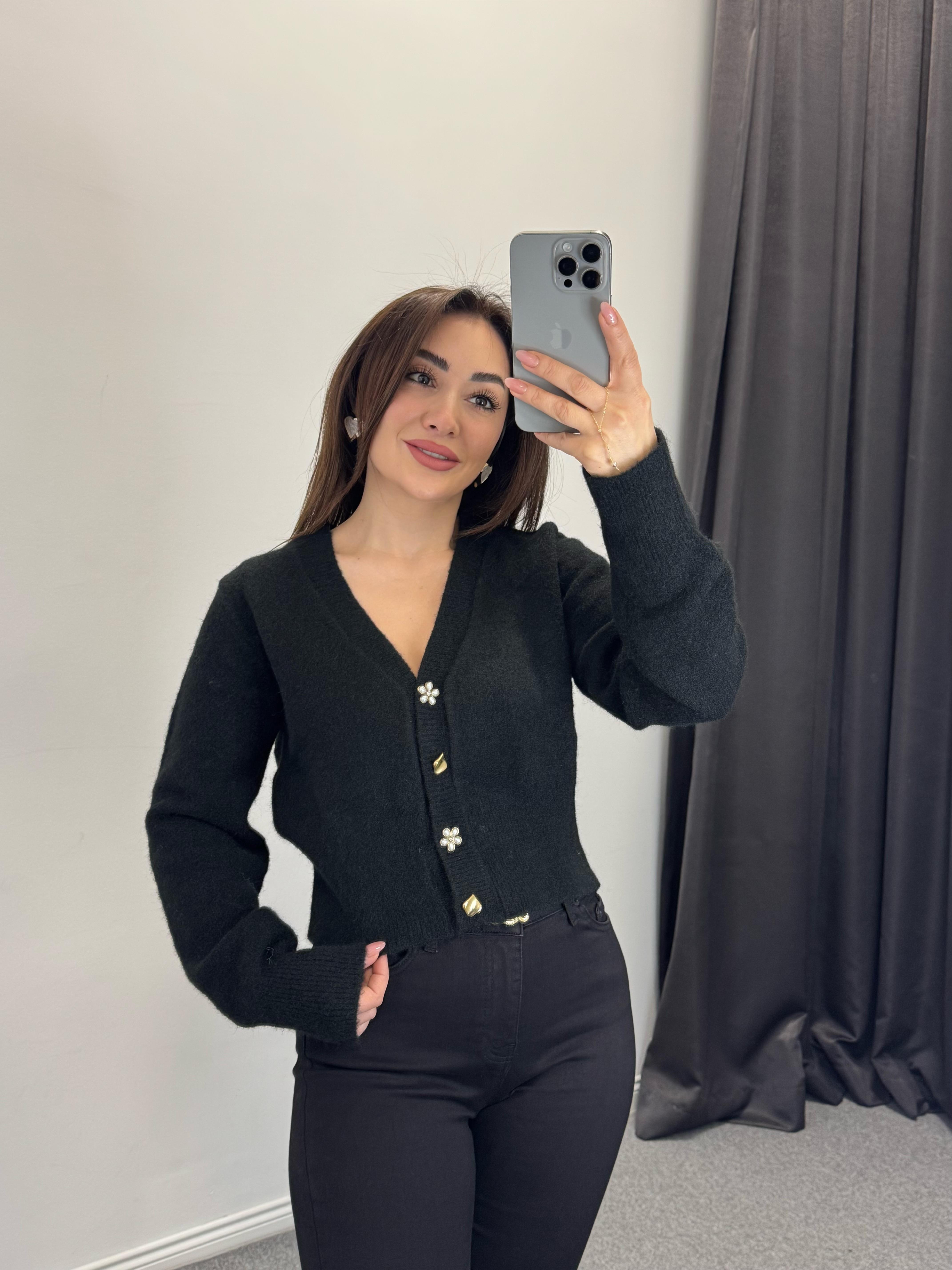 Düğme Detay Hırka Siyah