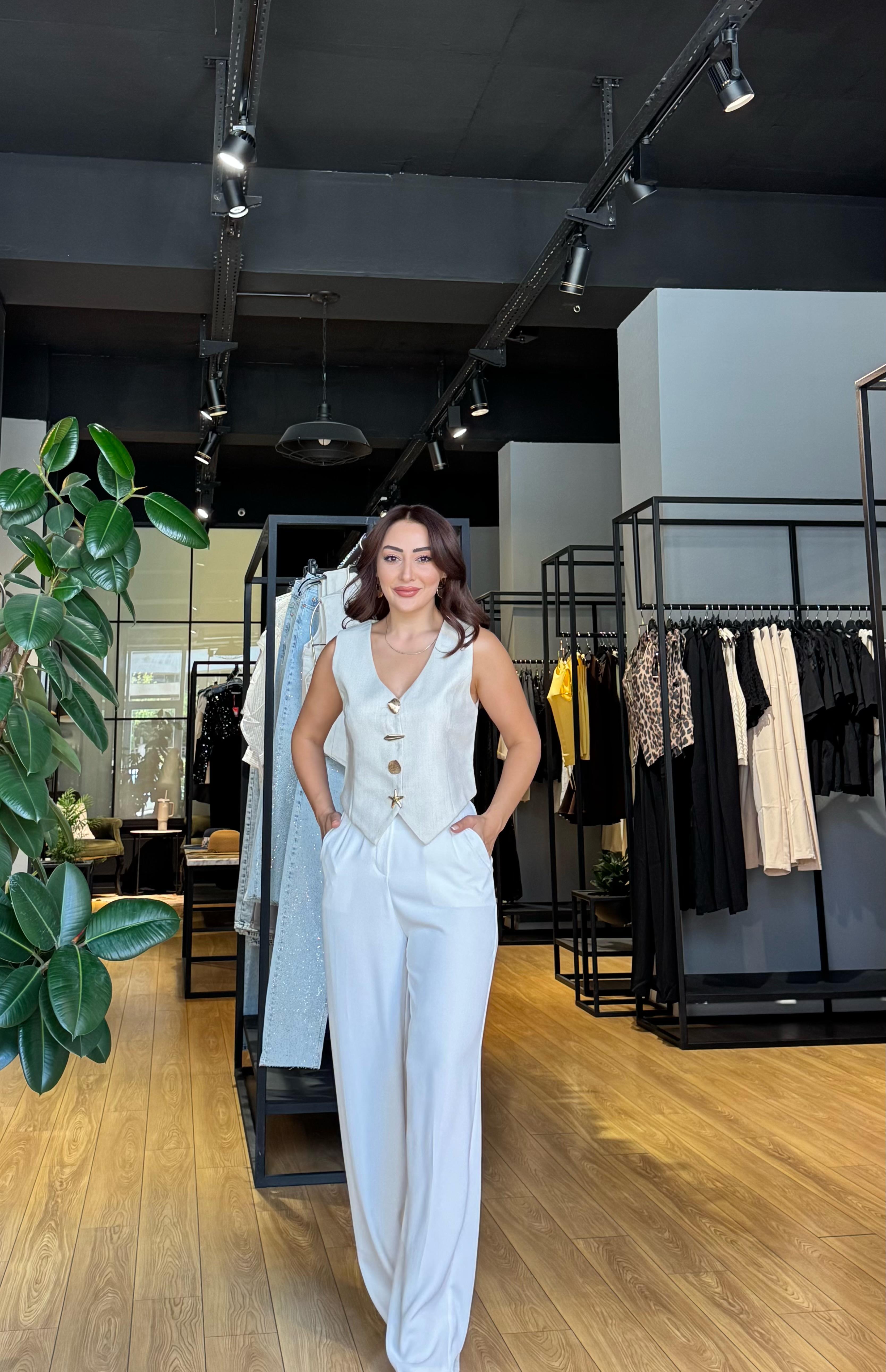 Gold Düğme Kumaş Pantolon Beyaz