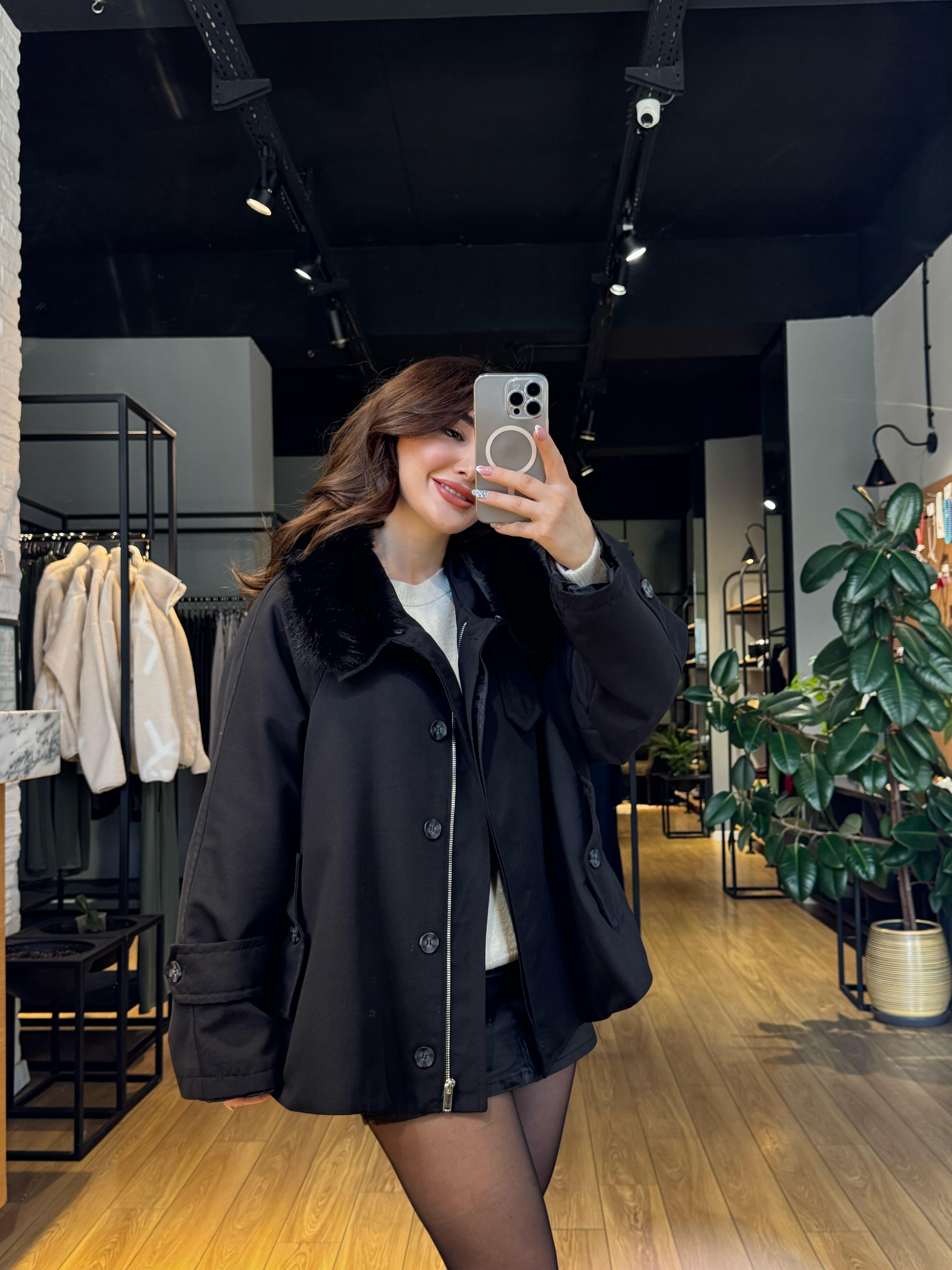 KÜRK YAKA MONT SİYAH