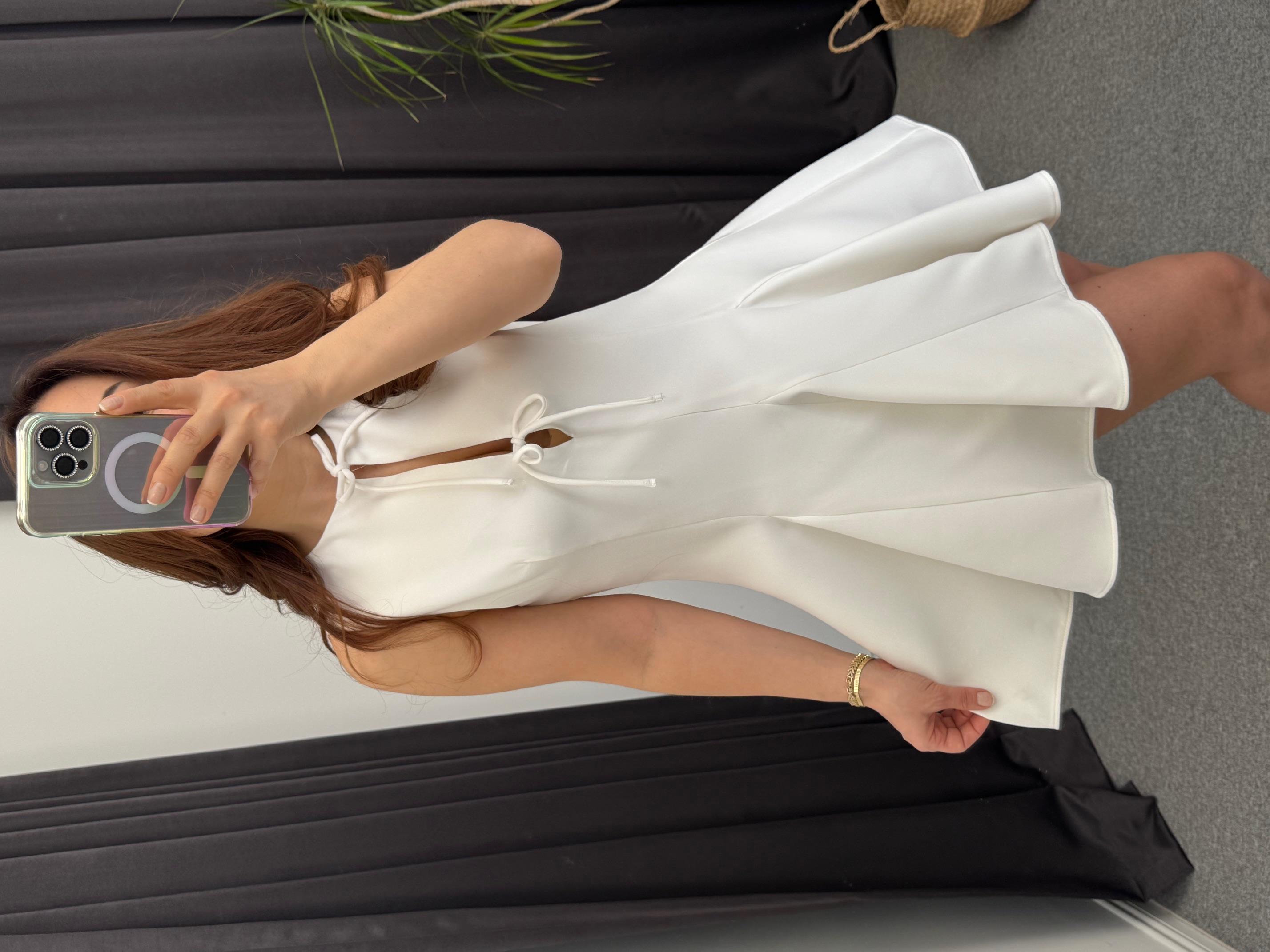 Önü Bağlamalı Mini Elbise Beyaz