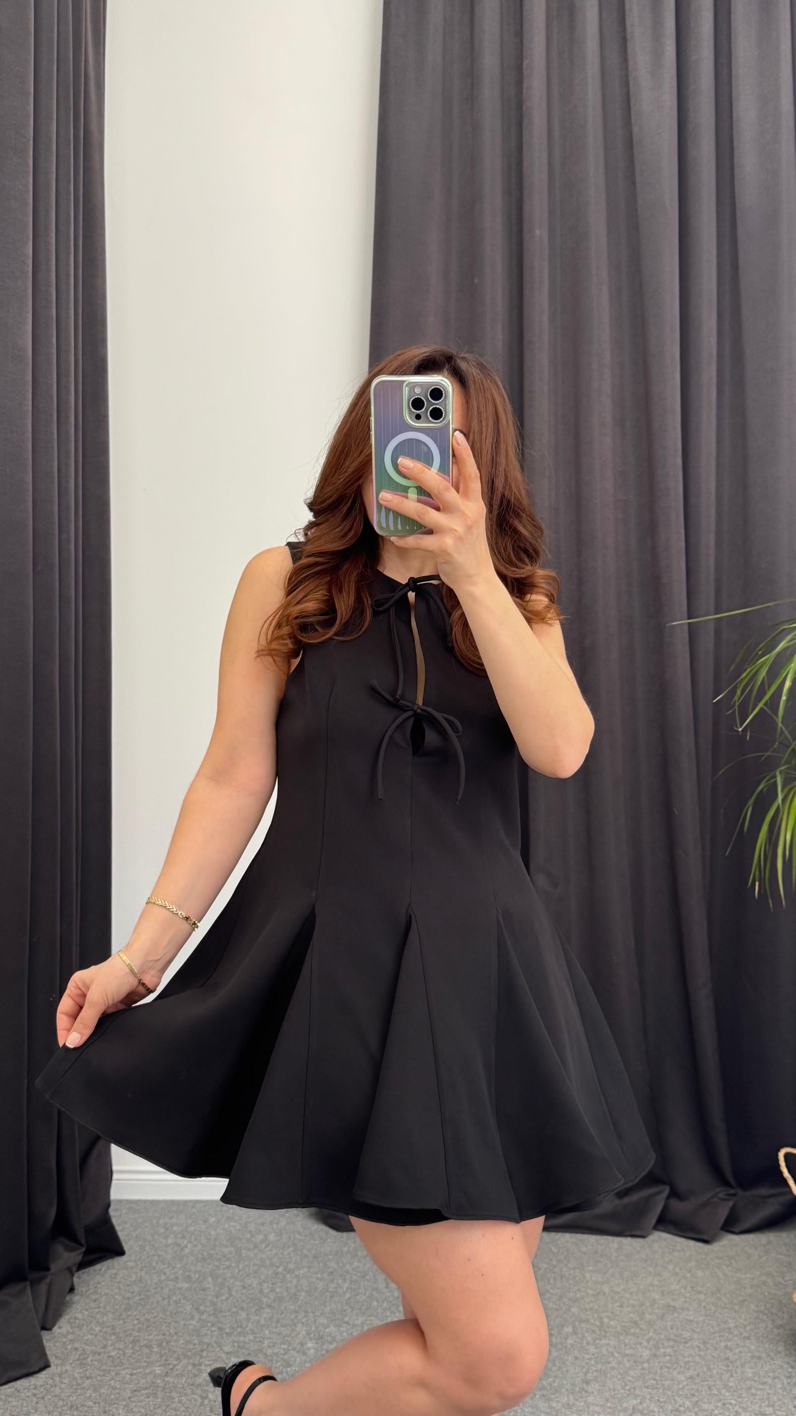 Önü Bağlamalı Mini Elbise Siyah