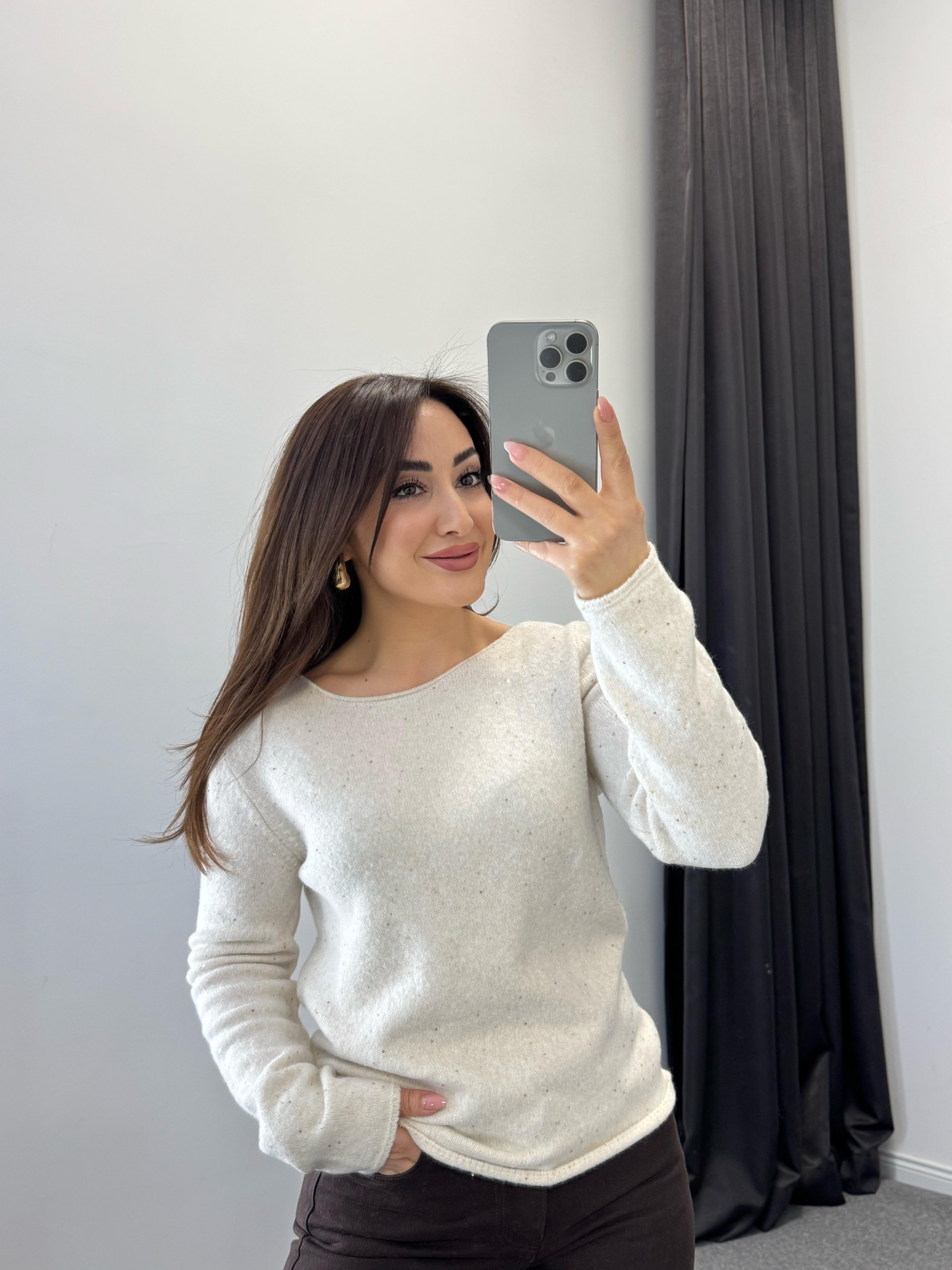 Simli Triko Kazak Krem