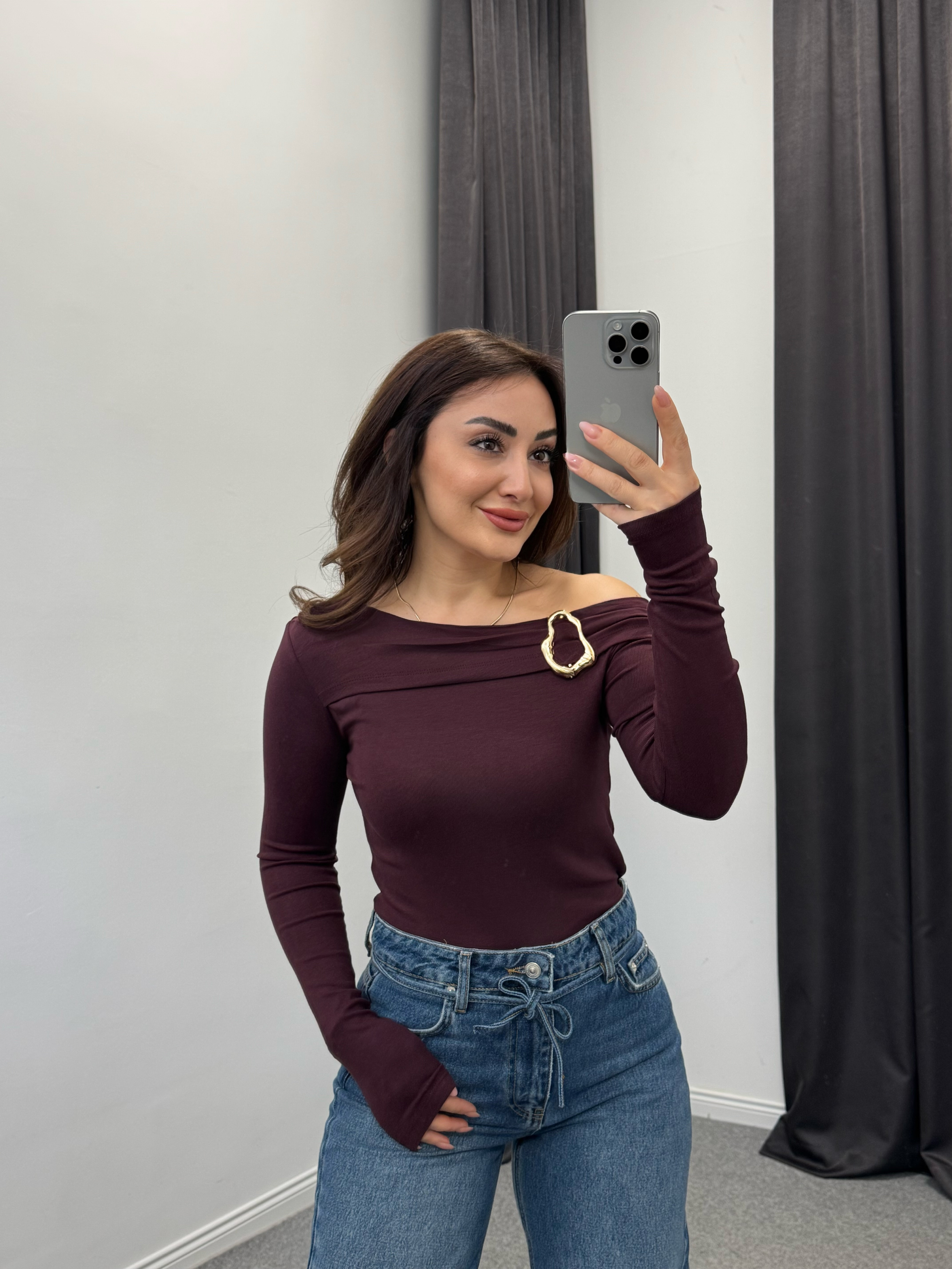Tokalı Omuz Detay Bluz Bordo