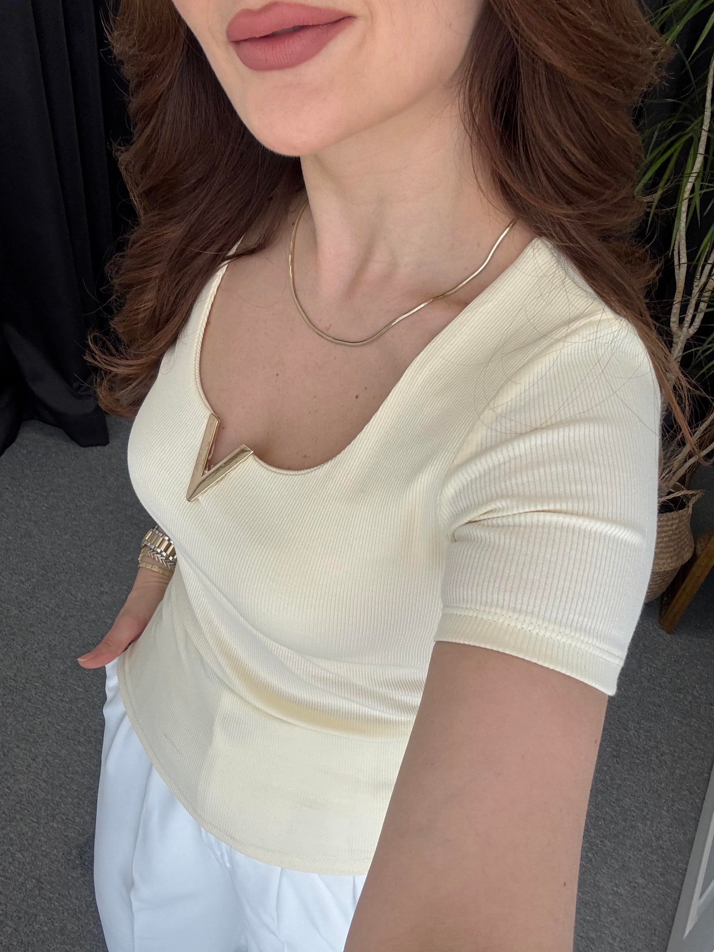 V Demirli Kısa Kol Bluz Sarı