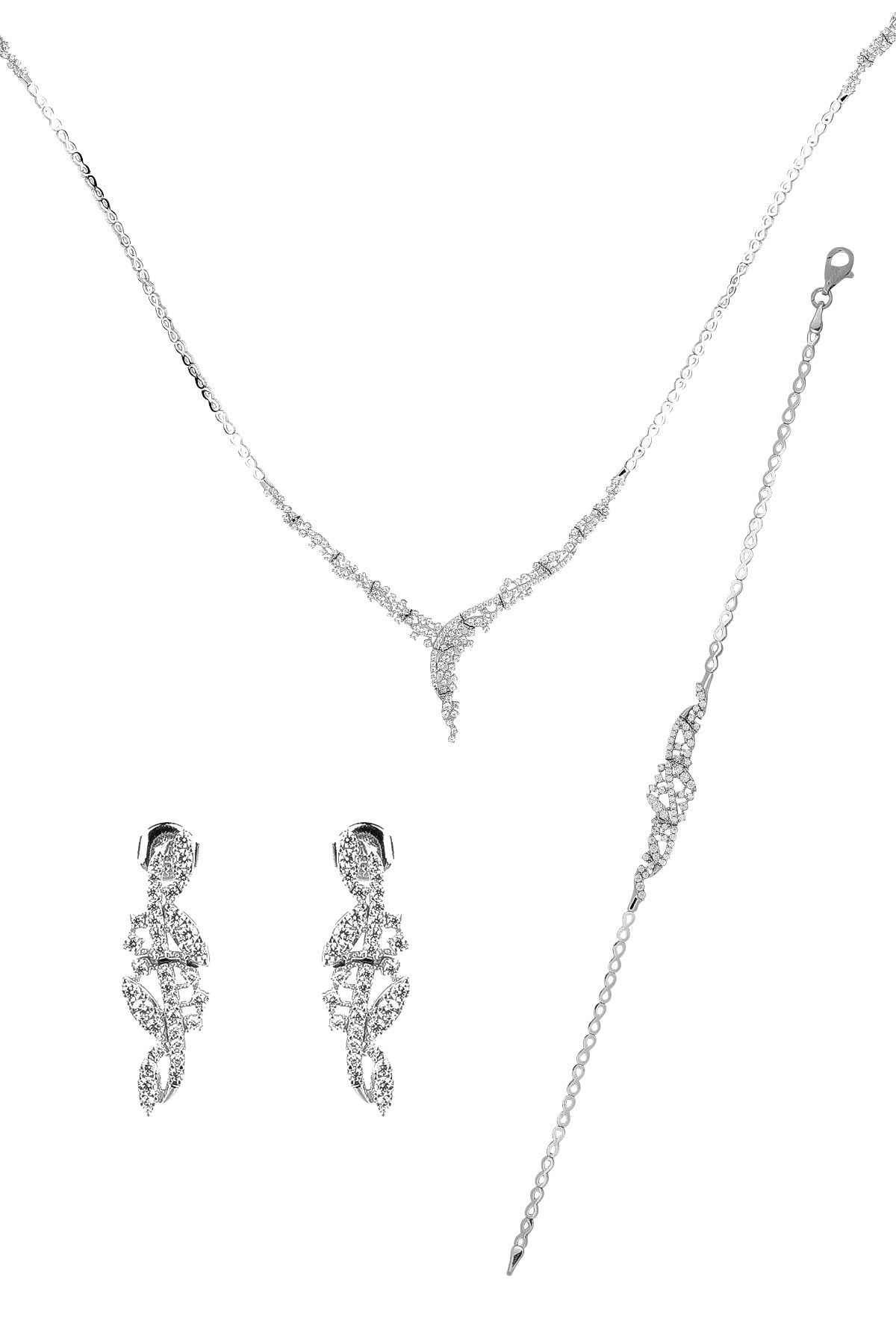 MODERN TASARIM BEYAZ ALTIN KOLYE-BİLEKLİK-KÜPE SET