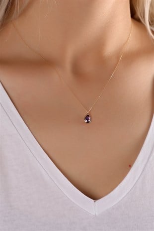 AMETİST TAŞLI SARI ALTIN KOLYE