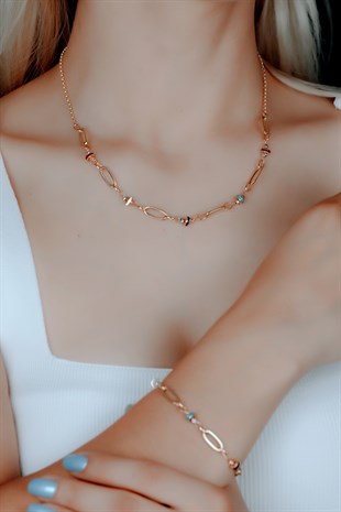 BONCUKLU SARI ALTIN ZİNCİR KOLYE-BİLEKLİK SET