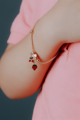 ÇİLEK VE KİRAZ FİGÜRLÜ SARI ALTIN ÇOCUK BİLEKLİK
