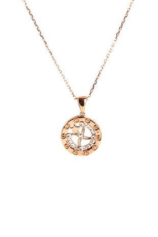 DAİRE İÇİ YILDIZ FİGÜRLÜ ROSE ALTIN ZİNCİR KOLYE