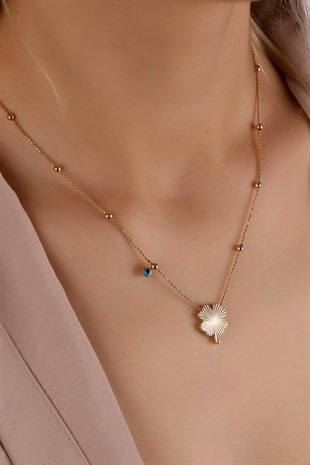 DÖRT YAPRAKLI YONCA FİGÜRLÜ TAŞLI SARI ALTIN ZİNCİR KOLYE