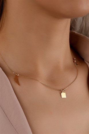 KUŞ VE KANAT FİGÜRLÜ TAŞLI SARI ALTIN ZİNCİR KOLYE