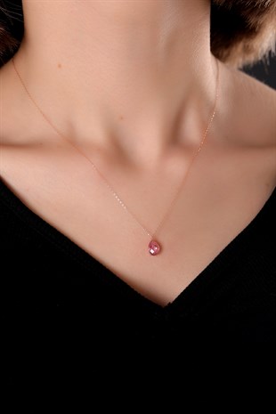 PEMBE DAMLA MODEL TAŞLI ROSE ALTIN KOLYE