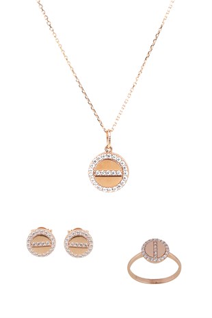 MODERN TASARIM ELMAS MONTÜRLÜ SWAROVSKİ TAŞLI SARI ALTIN SET