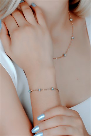 NAZAR BONCUKLU DORİKA TOPLU SARI ALTIN KOLYE-BİLEKLİK SET