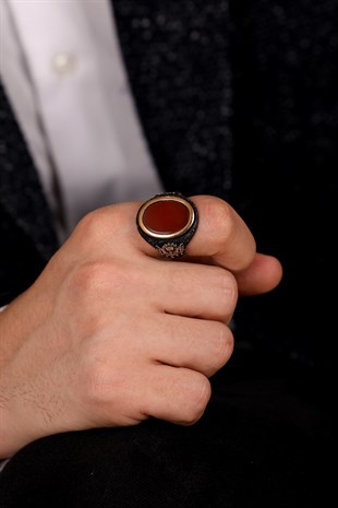 OSMANLI DÖNEMİ MOTİFLİ İŞLEMELİ KAHVERENGİ TAŞLI GÜMÜŞ ERKEK YÜZÜK