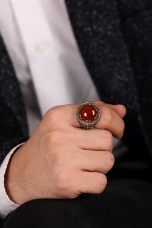 OSMANLI MOTİFLİ KAHVERENGİ TAŞLI GOLD İŞLEMELİ GÜMÜŞ ERKEK YÜZÜK