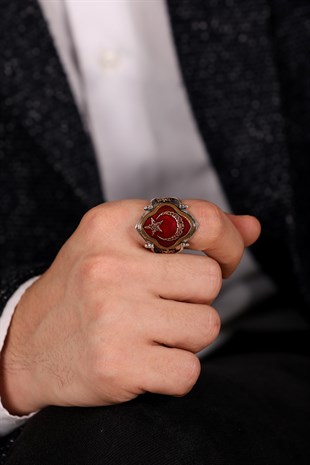 KIRMIZI MİNELİ AY YILDIZ GÜMÜŞ ERKEK YÜZÜK