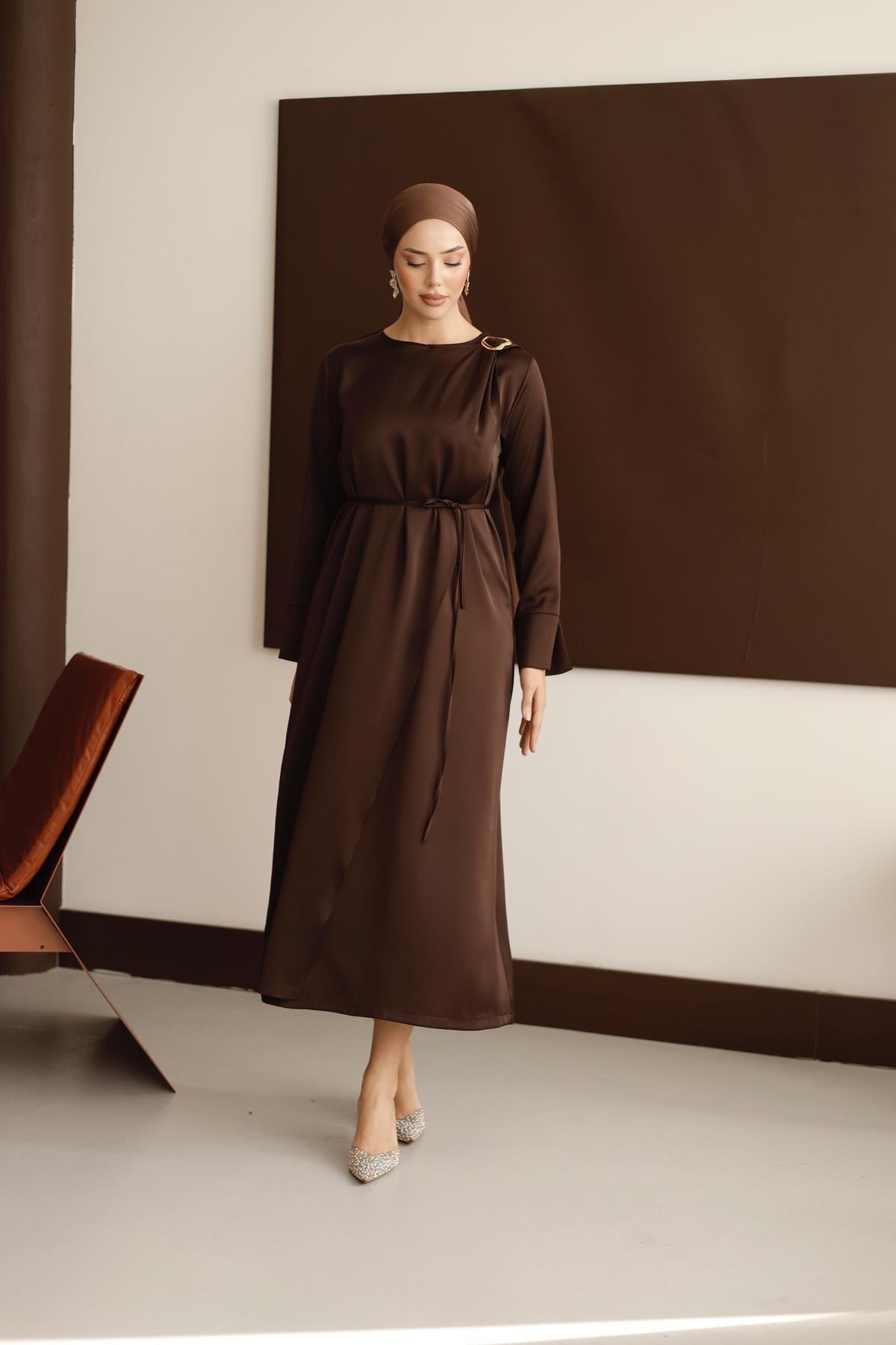 1127 Y Bayan Elbise-Kahve Rengi