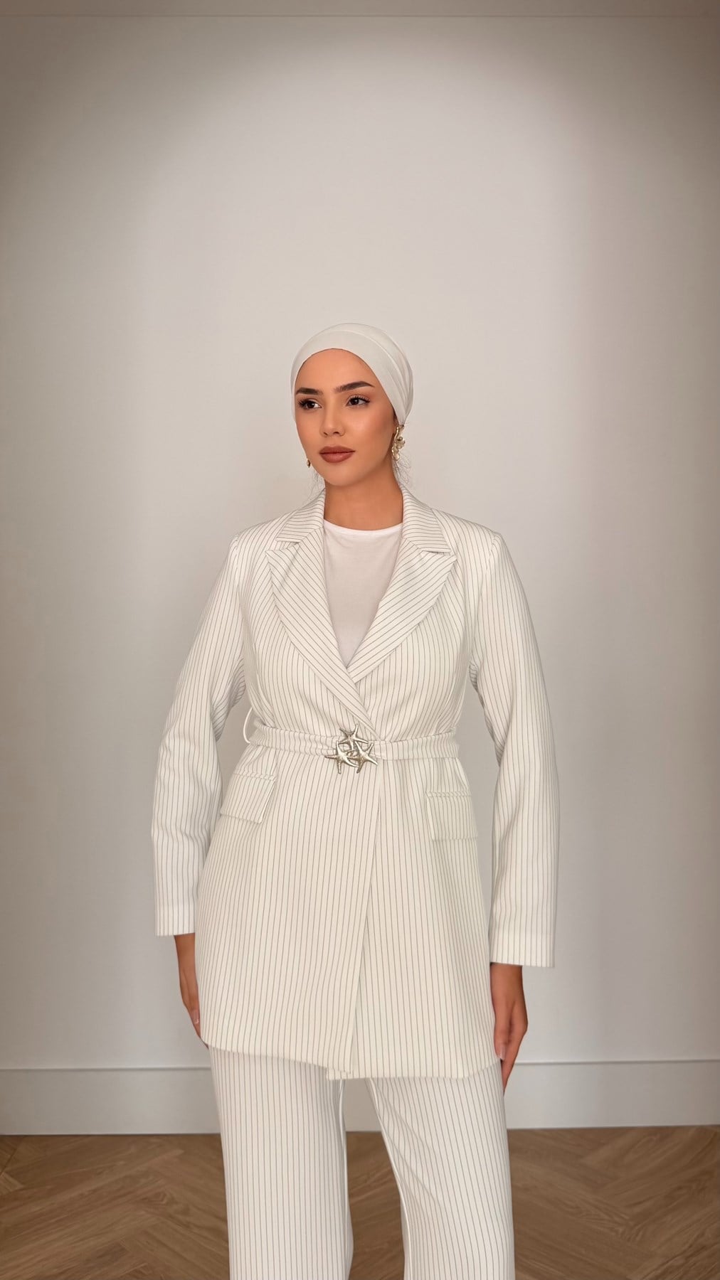 15301 Çizgili Takım-Ekru