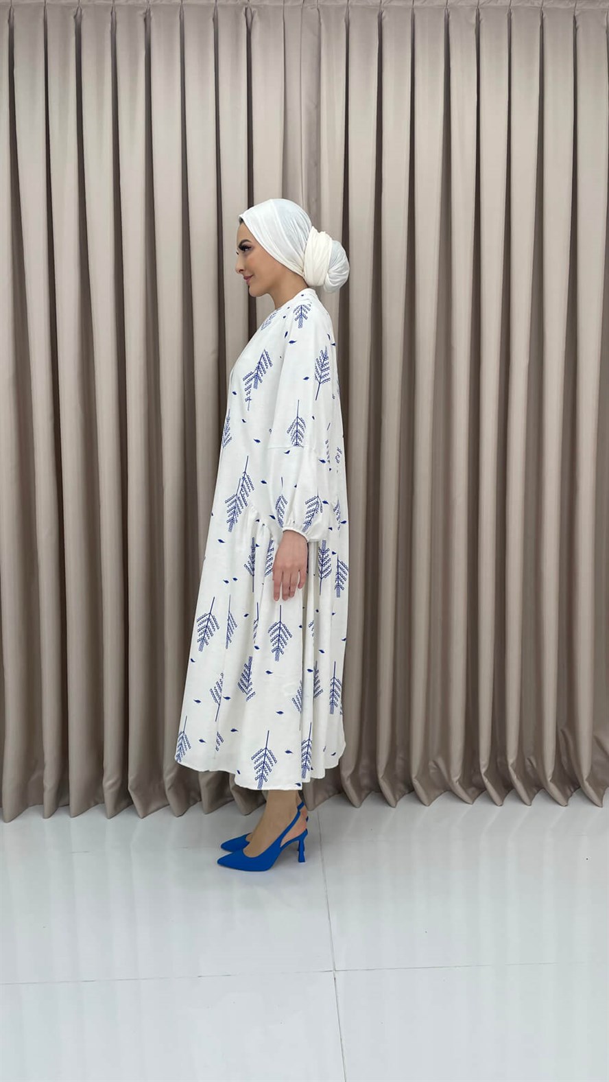 Yaprak Desenli Keten Elbise-mavi