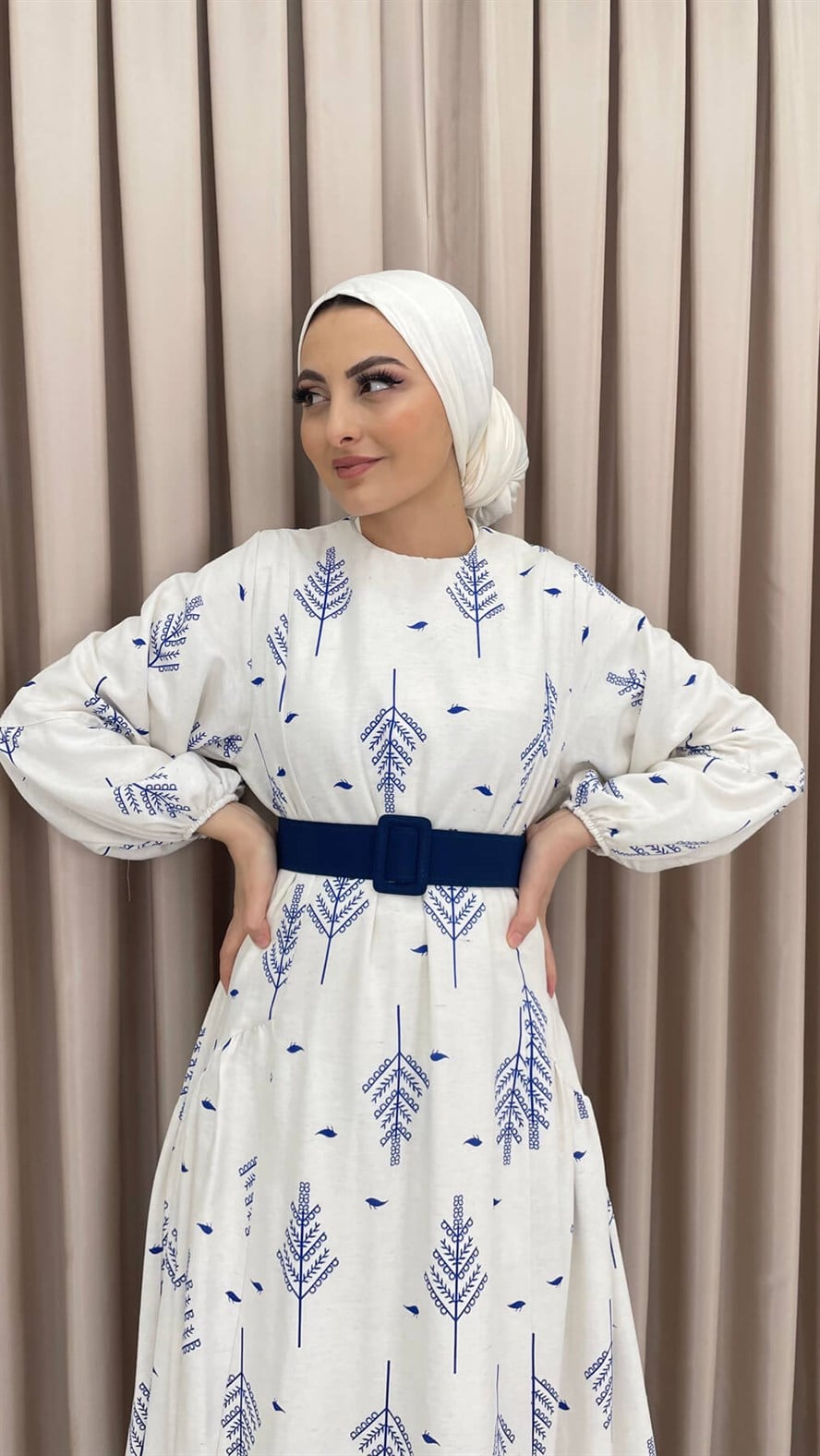 Yaprak Desenli Keten Elbise-mavi