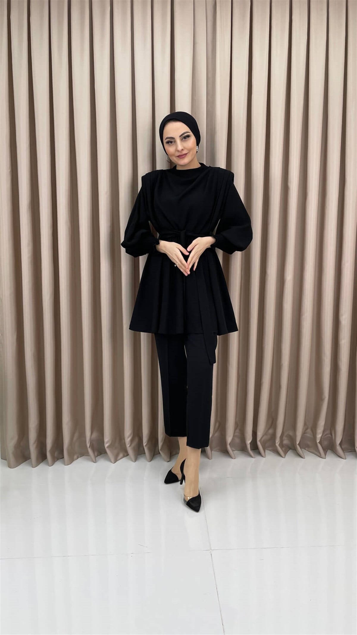 1774 - Vatkalı Drapeli İkili Takım - SİYAH