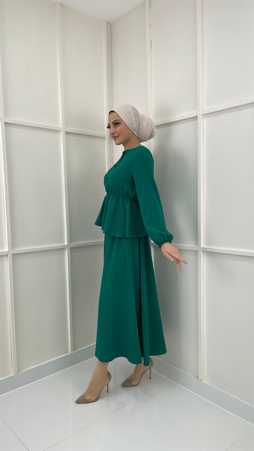 Kat Detaylı Düğmeli İkili Takım-zümrüt