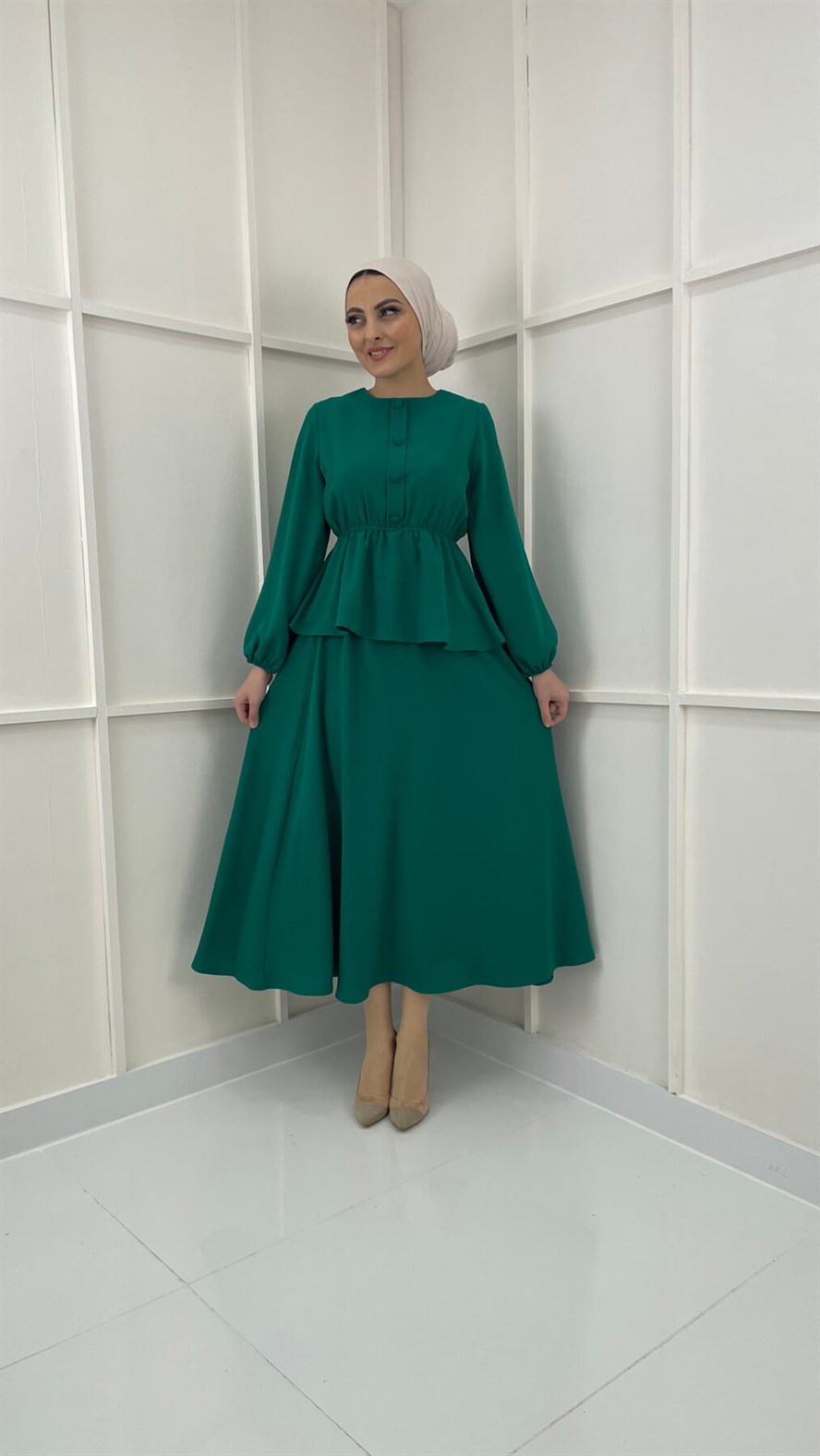 Kat Detaylı Düğmeli İkili Takım-zümrüt