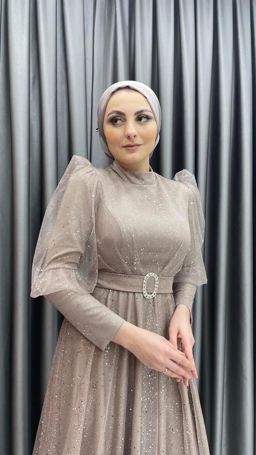 2304 N - Karpuz Kol ve Kemer Detaylı Işıltılı Tül Kumaş Abiye Elbise-Pudra