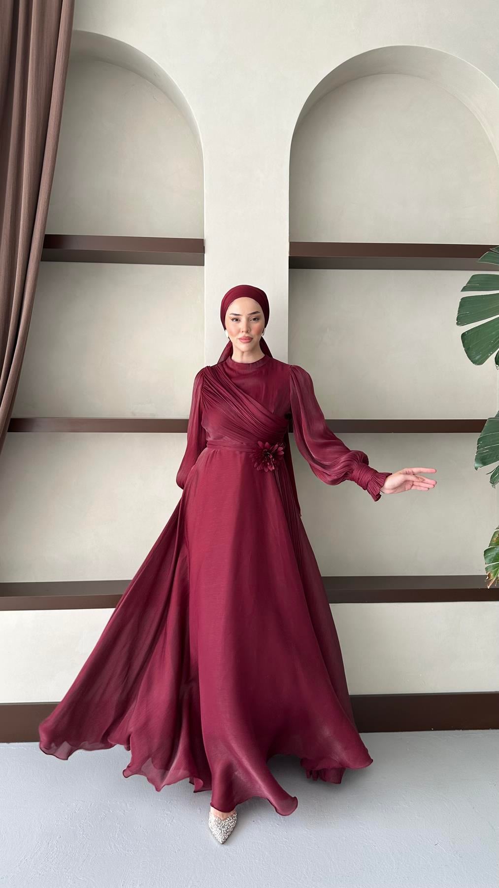 3067 S Abiye Elbise-Bordo