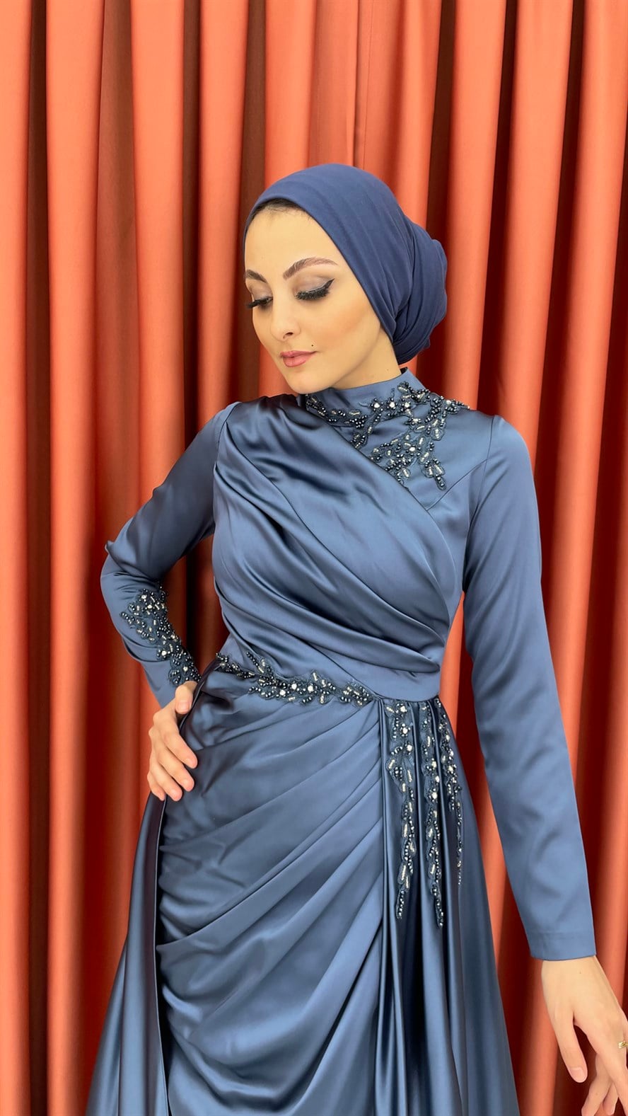 4238 S Abiye Elbise-İndigo Mavi