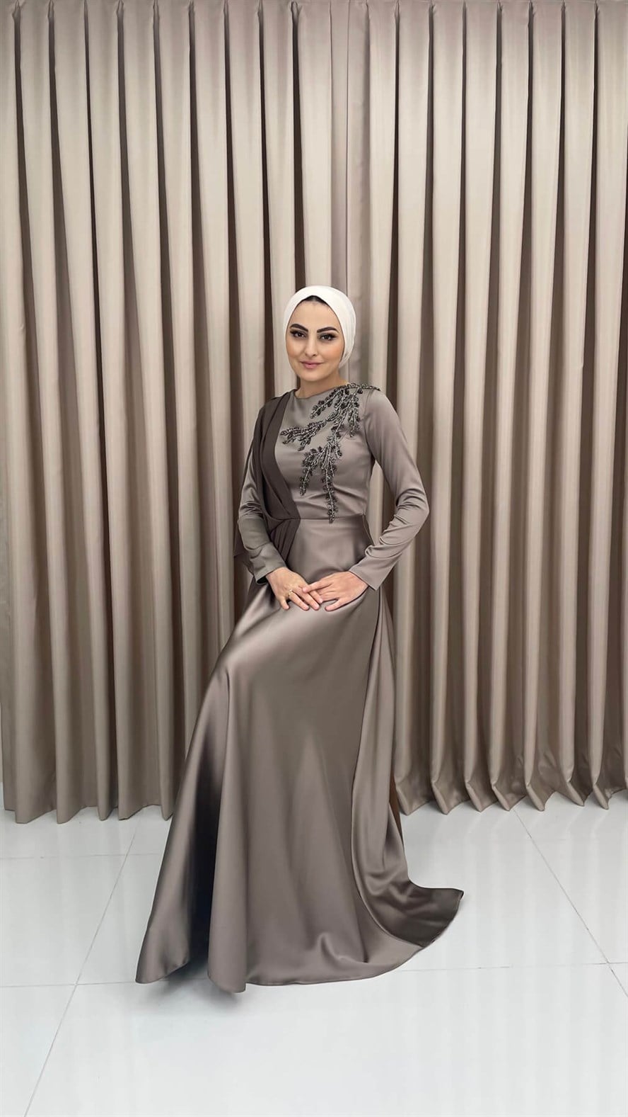4340 F – İşlemeli- Tül Detaylı Saten Abiye Elbise-Vizon
