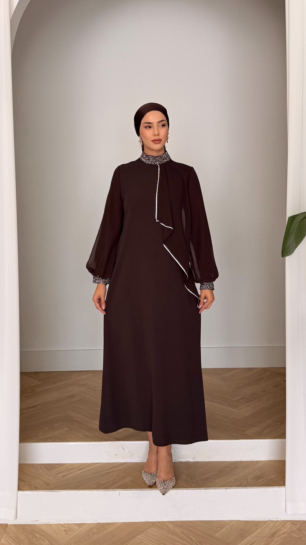 4510 T Abaya Elbise-Kahve Rengi