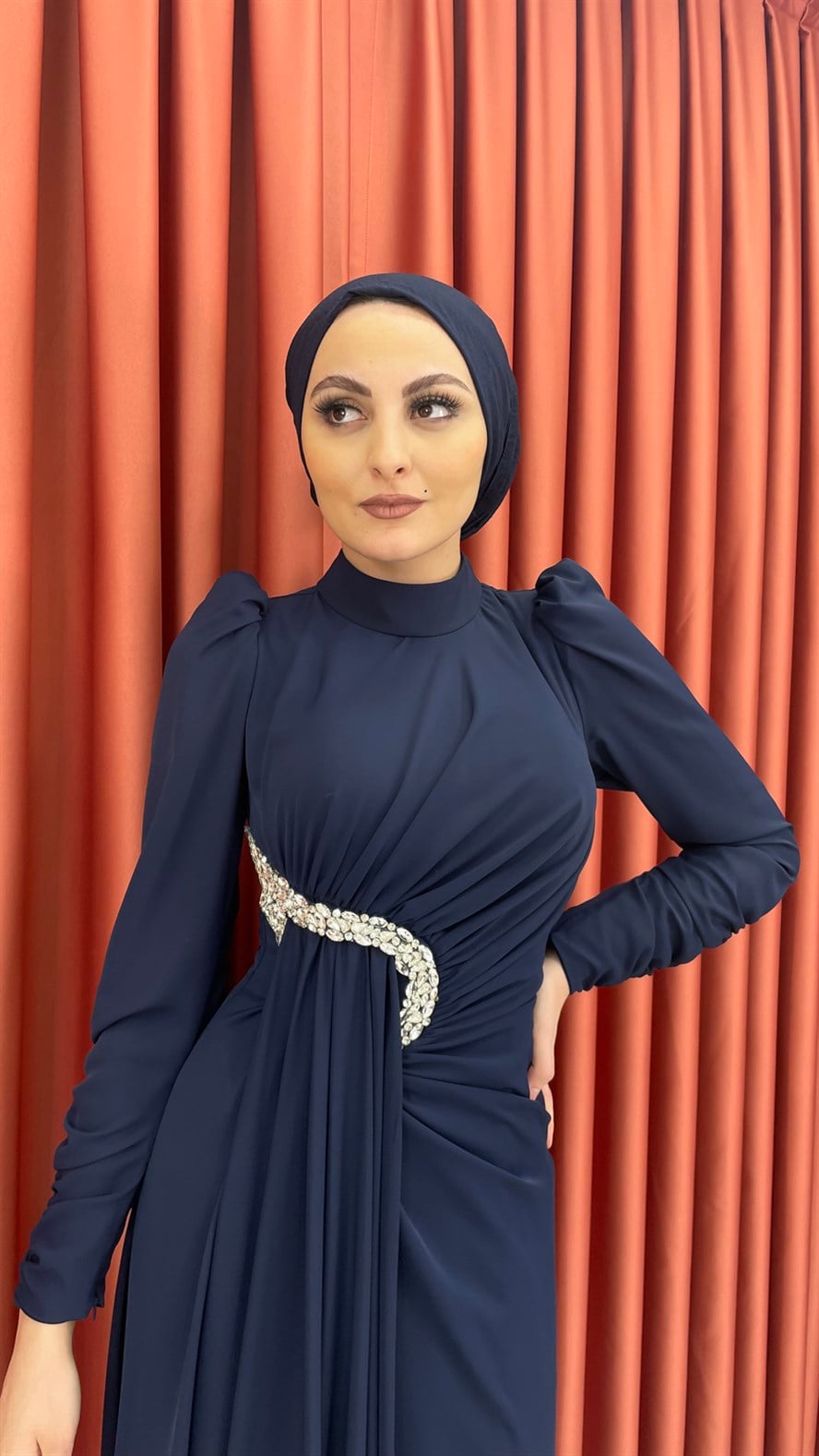 4542 H - Taşlı Bel Detaylı Mat Saten Abiye Elbise-Lacivert
