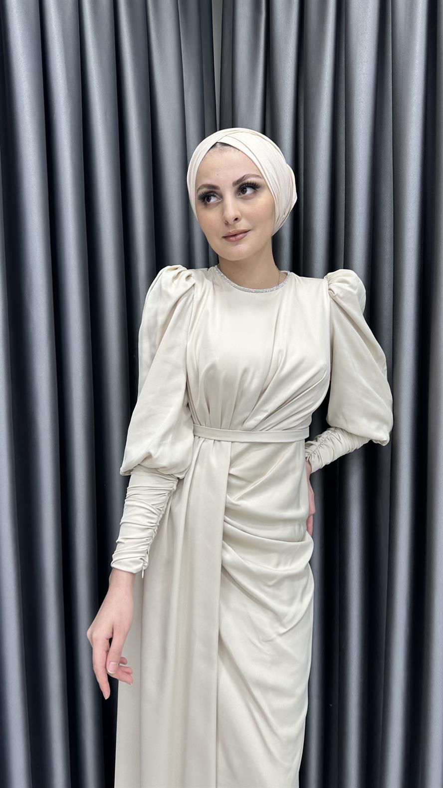 4554 H Abiye Elbise-Bej