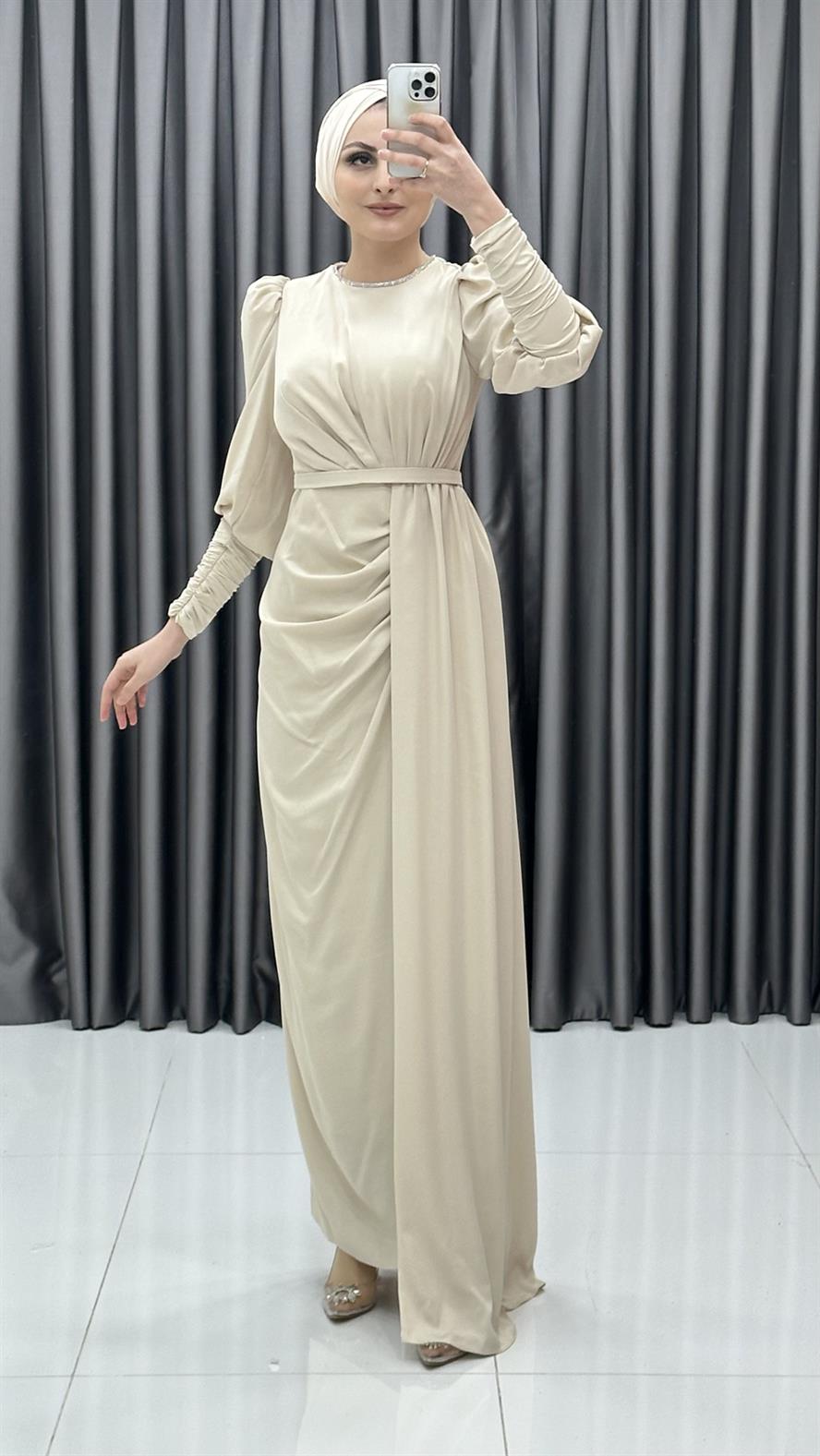 4554 H Abiye Elbise-Bej