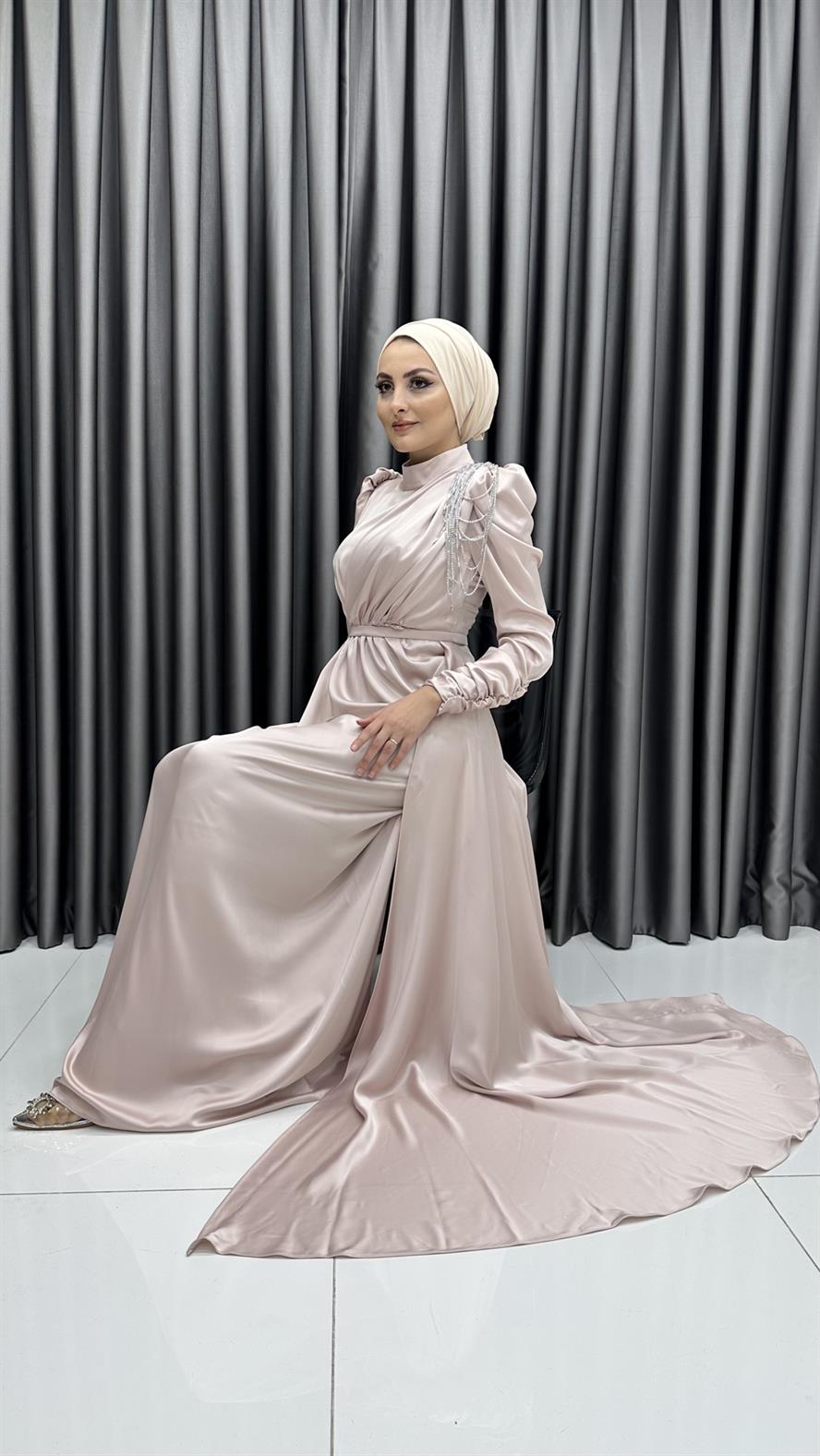 4576 H - Tek Omuzdan Boncuk Sallantılı Saten Abiye Elbise-Bej