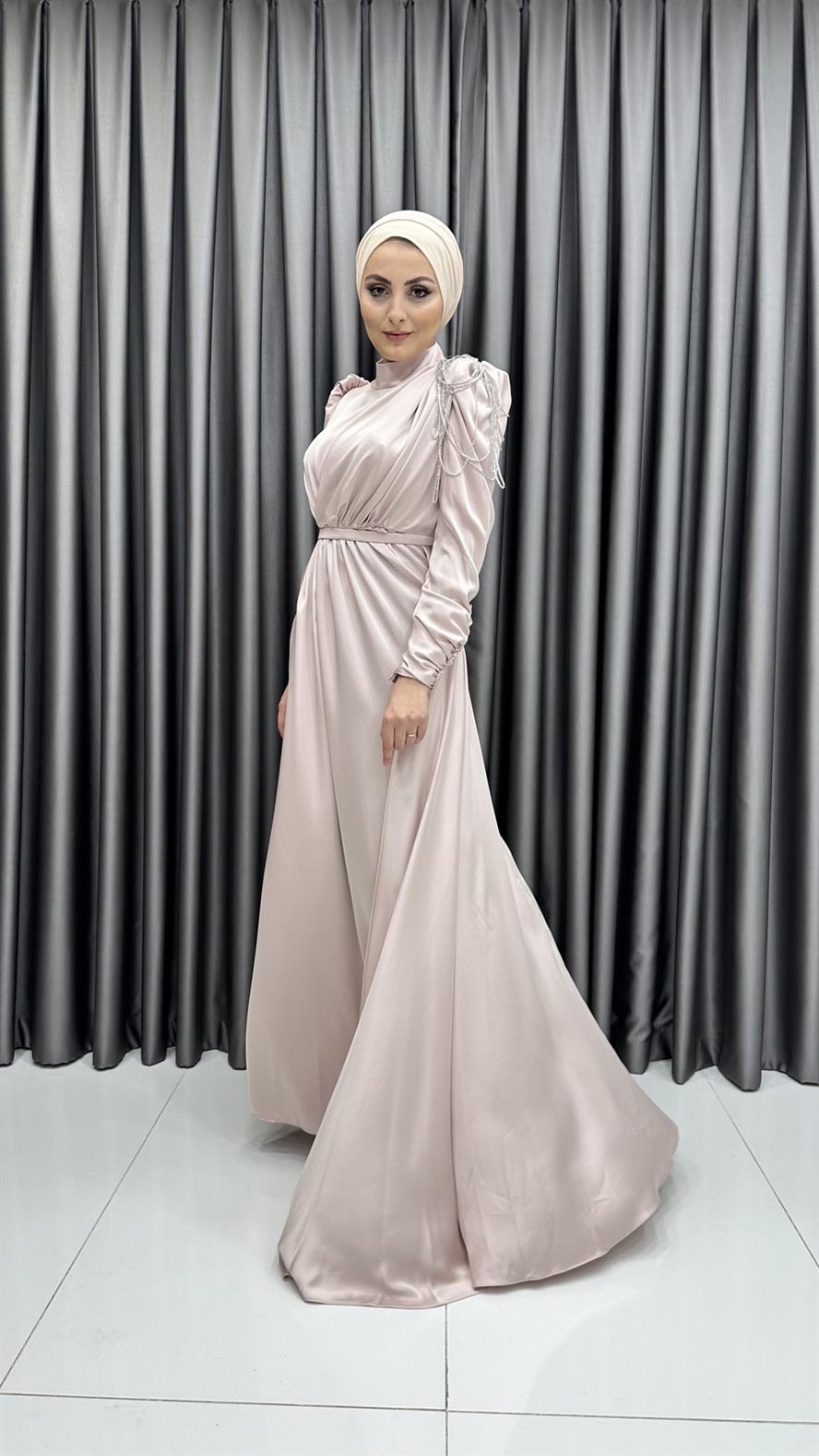 4576 H - Tek Omuzdan Boncuk Sallantılı Saten Abiye Elbise-Bej