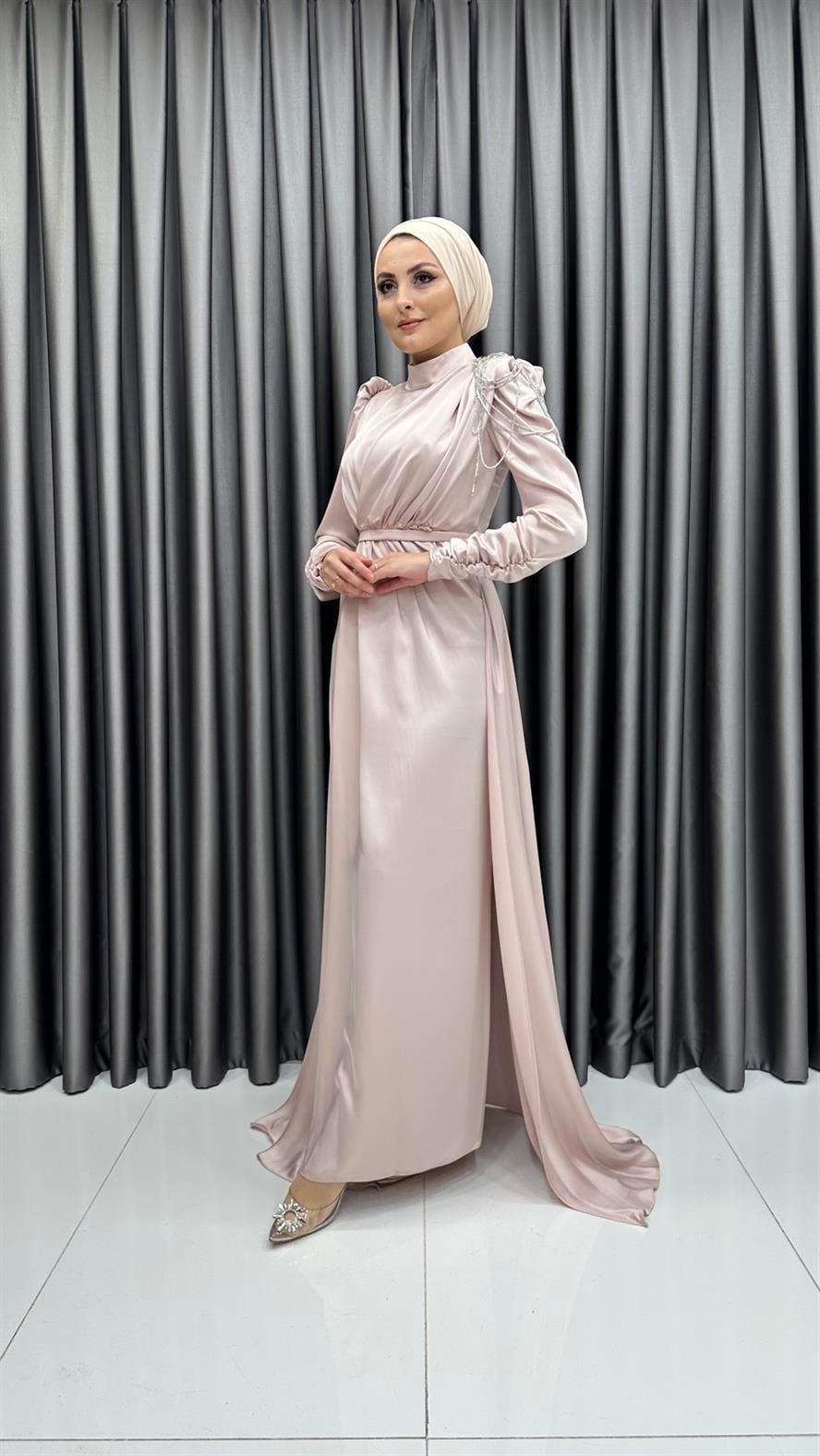 4576 H - Tek Omuzdan Boncuk Sallantılı Saten Abiye Elbise-Bej