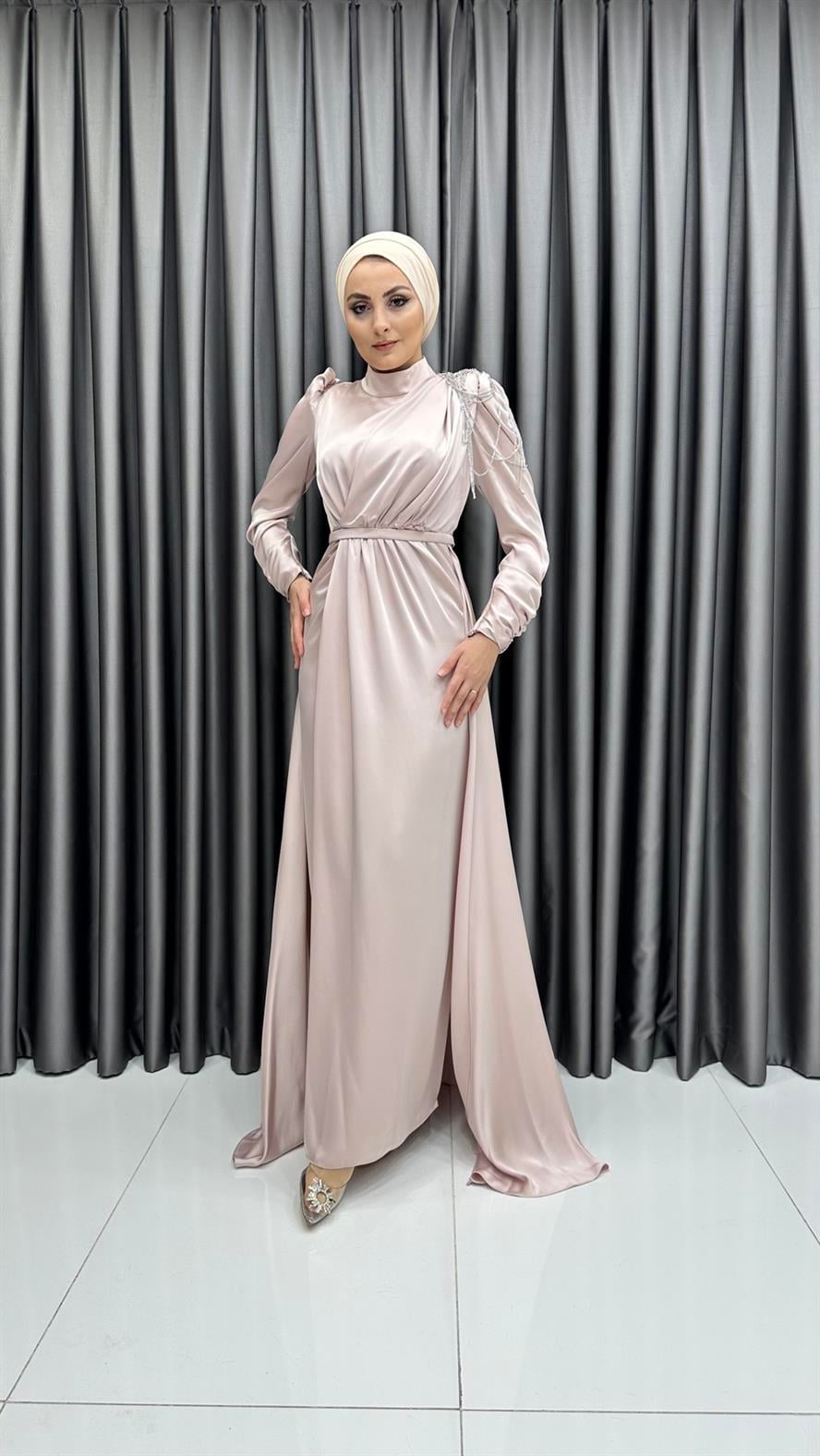 4576 H - Tek Omuzdan Boncuk Sallantılı Saten Abiye Elbise-Bej