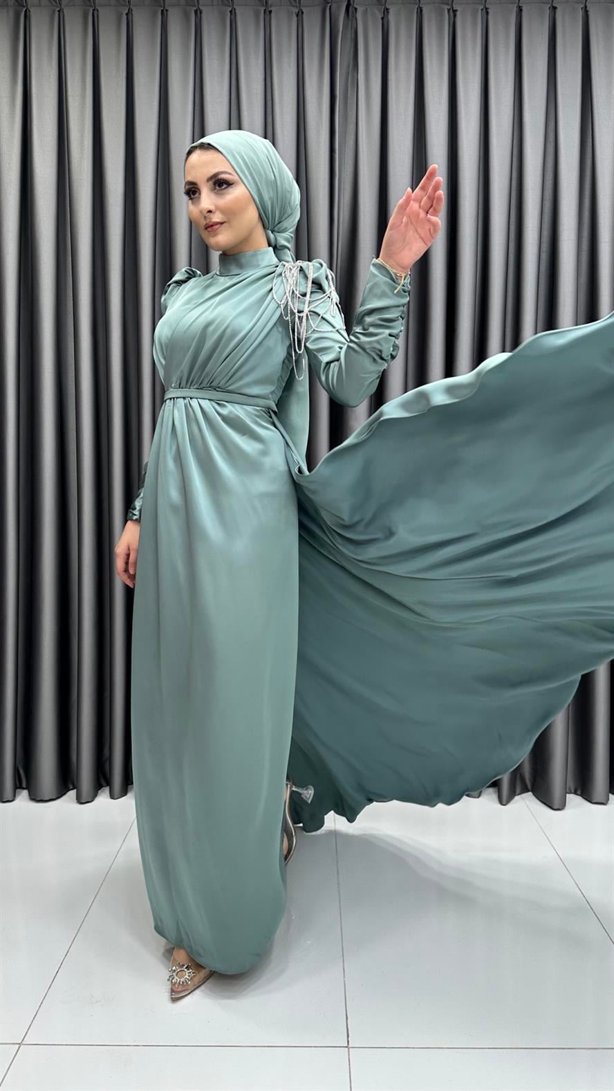 4576 H - Tek Omuzdan Boncuk Sallantılı Saten Abiye Elbise-Mint