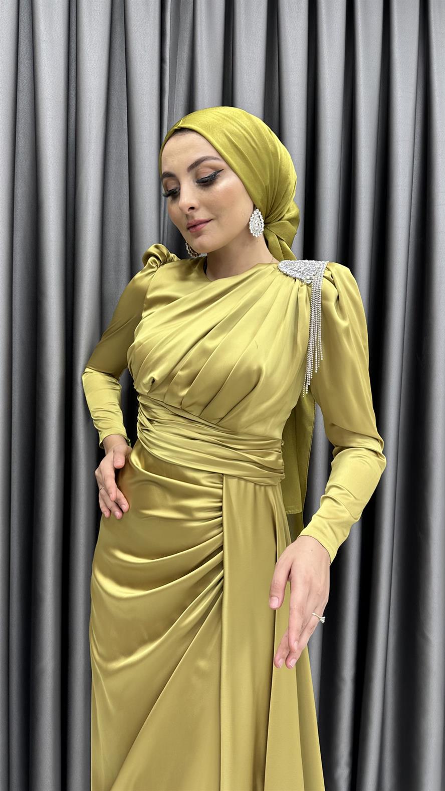 4579 H Abiye Elbise-Yağ Yeşili